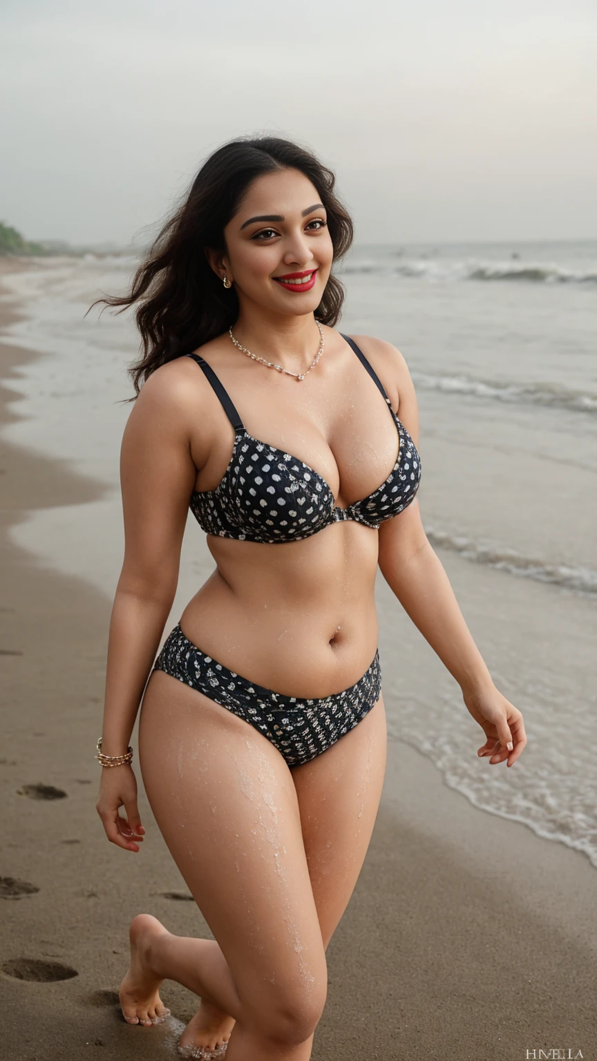 ((Top Quality, 8K, Masterpiece: 1.3)), One Girl, (Random Hairstyle, Huge : 1.4), Ultra Detailed Face, Detailed Eyes, Double Eyelids, Pocory Belly, Big Ass, Chubby, Open Legs, Plump Belly, 20 Years Old, Protruding Pubic Hair, Protruding Breasts, Ultra-Small Panties, Ultra Transparent Micro Bikini Swimsuit with Thin Black Lace, Fully Visible Breasts, Spilled Breasts, Dark Pubic Hair, Hidden Breasts, Two Arms, two-legged, chubby belly, looking at the camera, random nature, wet skin, realistic rays, beach, bra off, refreshing smile, plump belly, open legs, bra laces cut, bra unfast, protruding pubic hair, mesh bra, short armpit hair,
