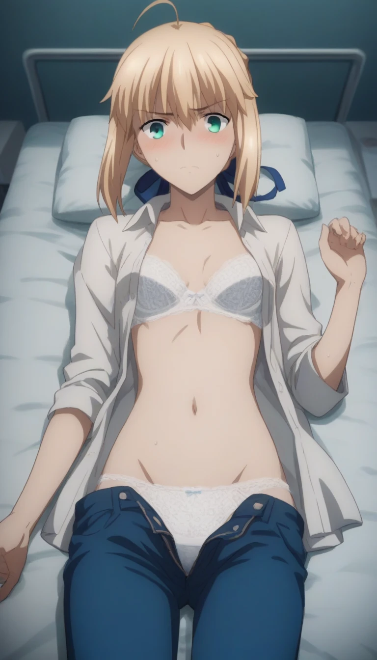 sauce_anime, ambient light,
arutoria pendoragon ,saber,, ,short hair, blond hair, closed eyes, hair between eyes, (perfect eyes) ,wince ,frown, Perfect face, expressive eyes,
(show off breast), (undress open white torn shirt), detailed nipples, white panties, wet body,
indoors, bed, realistic bed room, (missionary position),virginal sex, yuri, lesbian sex, blush, (steam),
cowboy shot, looking at viewer, solo, dutch angle, small breast, pussy juice, open mouth, saliva ,