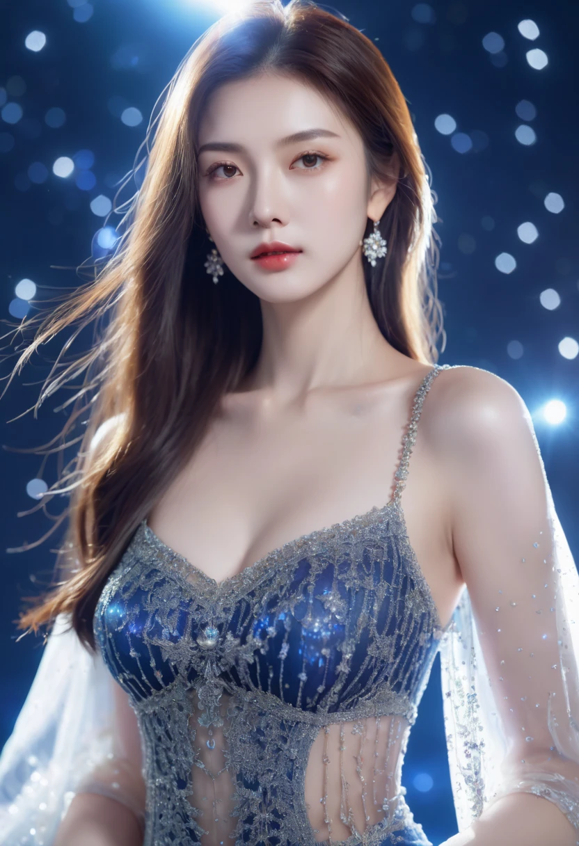 blue dress,long dress,bare shoulders,strapless, Beautiful dance dynamics, Sitting,Long legs , ((Flowing long hair))Official Art , Unity8k Wallpaper , Extremely detailed , Visible cleavage, Pretty and beautiful , Sexy long legs, masterpiece , best quality ,Practical, Very detailed illustrations ,Extremely detailed , Intricate details , Extremely complex and detailed , Very detailed 8KCG wallpaper , Caustics .reflection , Ray Tracing , Devil Theme ,nebula ,Dark aura, Network Effects , (1 Girl)Solitary , 小蓝Butterfly , Dozens of monarch butterflies around , (Blue plasma flame , (insect , Butterfly)) 圣光Butterfly天使 , Butterfly翅膀 , Pastel tones in Rococo style ,Light white and light dark red , Incredibly beautiful , Cherry blossoms , Surrealism ,painting , Ethereal , Mixing reality and fantasy elements ,Ray Tracing , Complex patterns , Delicate lines , Perfect your hands, Starry Sky , rich and colorful , Star