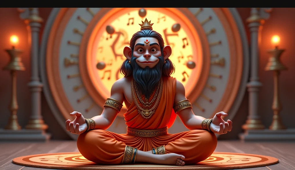 In cenamatic 3d cartoon style"Hanuman in a meditative pose on a lotus, surrounded by books and ancient scrolls, symbolizing his deep knowledge.