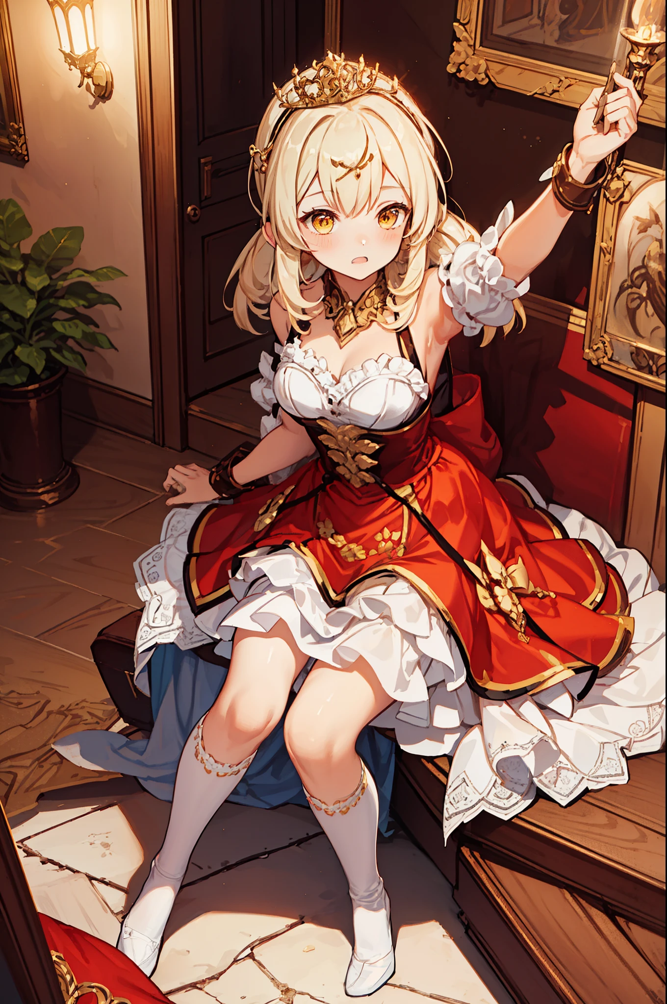  Girl， charming，gorgeous，In Love ，sacred，( Yellow and White Princess Skirt :1.3)，blond，klee， red eyes， Minimalism ， Multi-layer exquisite ruffles ，Lots of Lace，( Lines on clothes :1.2)，( Exquisite clothing :1.1)，(Multi-layer Skirt ),Princess Crown， Perspective tulle garment ， Beautiful detailed face ， Bedroom scene in Western mythology， movie lights ，night，Single， Metallic Decoration ，lace,(shine:1.2), ( Best Quality ), (masterpiece:1.2)