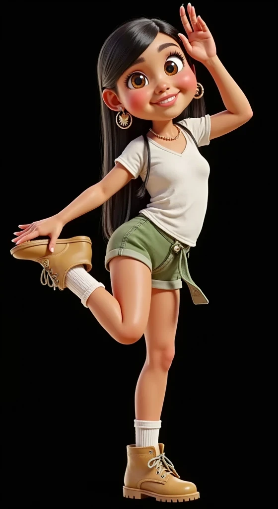 Inspired by the posters in the movies, the 3D characters from Disney Pixar create the image of a ***, age: 6, 6 anos de idade, 6-years-old, girl with straight black hair down to her waist wearing a white t-shirt and very short green safari-style shorts with white socks and a safari boot. She is beautiful, sensual, attractive, Brazilian, she does a dance step where she puts her hand on her foot, the background is all black for cutting in png.