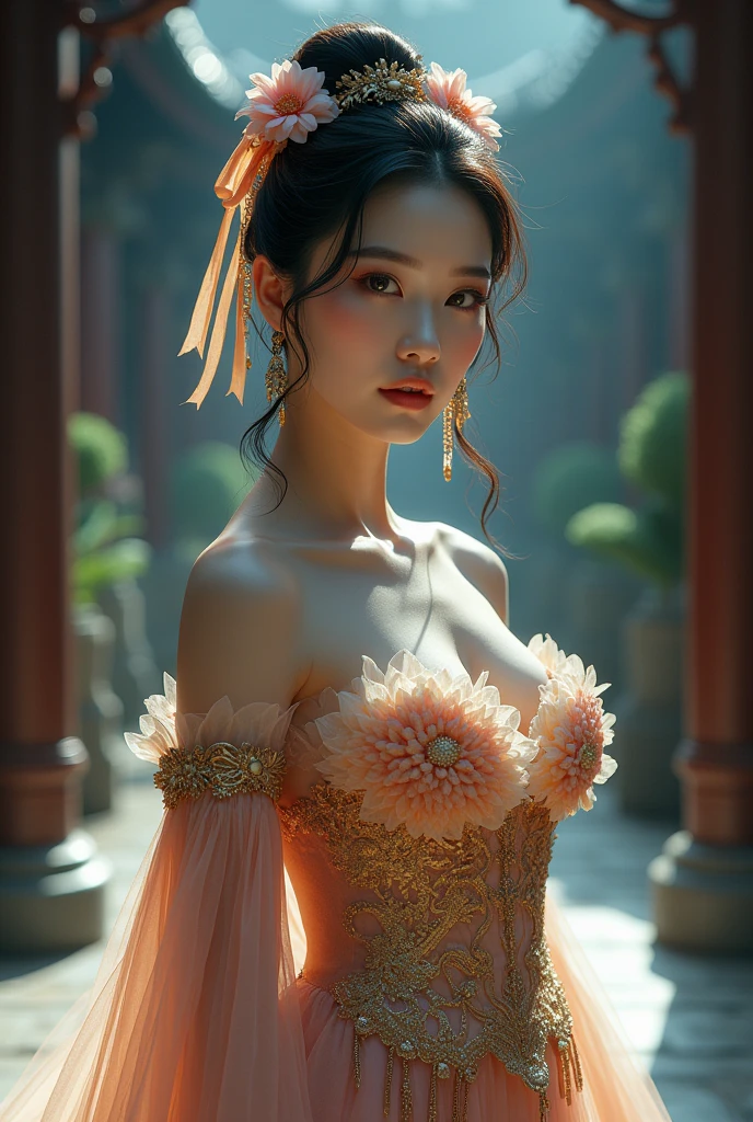 Cinderella with coins gold , gorgeous costumes embroidered with intricate embroidery, flowing tulle, transparent long colorful ribbons tied on the arms, inspired by Dunhuang Flying Apsaras murals, showing navel, bare shoulders, bare neck, hair in a high bun with flower hairpins, ribbons on arm rings, wreaths, bracelets, anklets, metal chain tassels on the waist, Mogao Grottoes art, ink painting, cgstation pop, in the night castle, ((fullbody)), ((super realistic))