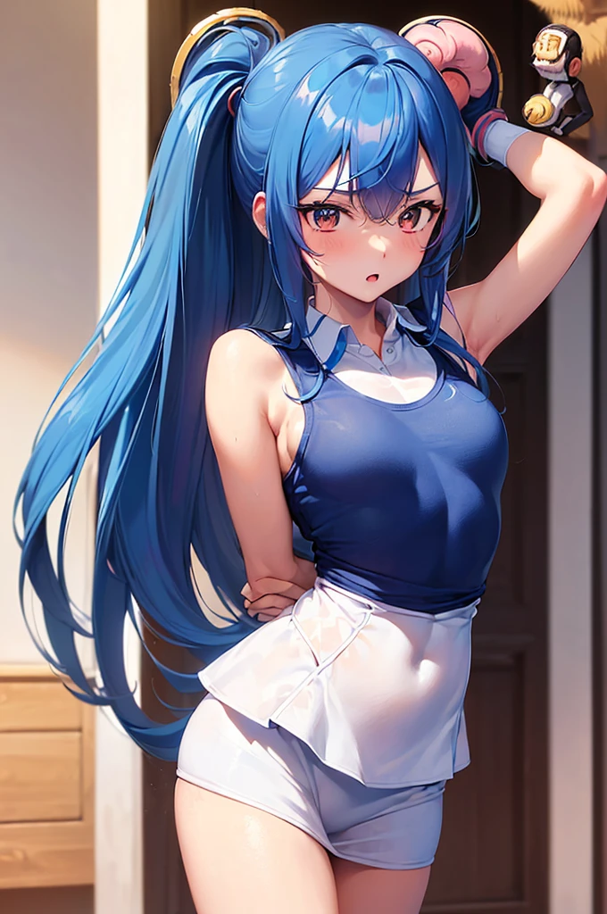Cornflower art, dreamy, (masterpiece, top quality, perfect anatomy, beautiful face, realistic, super detailed, 1 girl, 18 ears senile, solo, depth of field, canon 24mm lens, f1.4, cute_girl, sailor_ collar, clear facial features, short sleeves, small breasts, slender height, height 150cm, barefoot, double ponytail, bangs, gravure pose, indoor, slouch, Chest gap jungle, blurred background, (Uwabaki: 1.1576)) whole body, clear liquid dripping from the crotch, the front of the shirt is exposed, breasts are visible, transparent bra, light blue striped buns, erotic, , NSFW movie, strange, beautiful pee, holy water, (), crotch jungle,