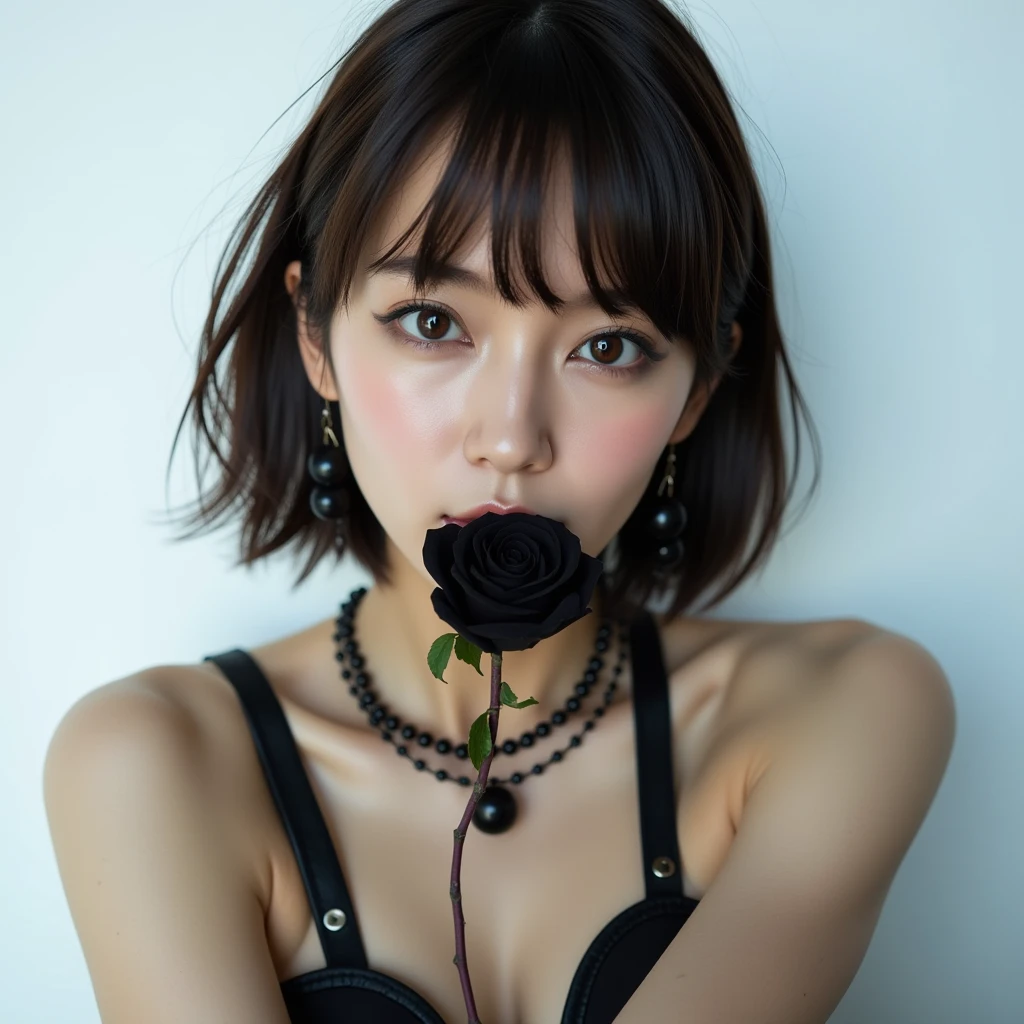  best quality, High quality 8k,  beautiful Japanese woman ,   Breathtakingly Beautiful Photos ,  Messy Damp Brown Hair  ,  Staring Sharp at the Viewer ,  pose with arms crossed to emphasize clevis, Hold a black rose in your mouth:1.331,  light brown hair  :1.331,  Unkempt Bob Cut Hair ,   Brown Eyes  , Heavy makeup,   gal makeup, Landmine Girl, Dark style,  Black Leather Camisole ,  big black earrings , Black pearl necklace, Attractive look ,  white background , Extremely Cool Lighting , 