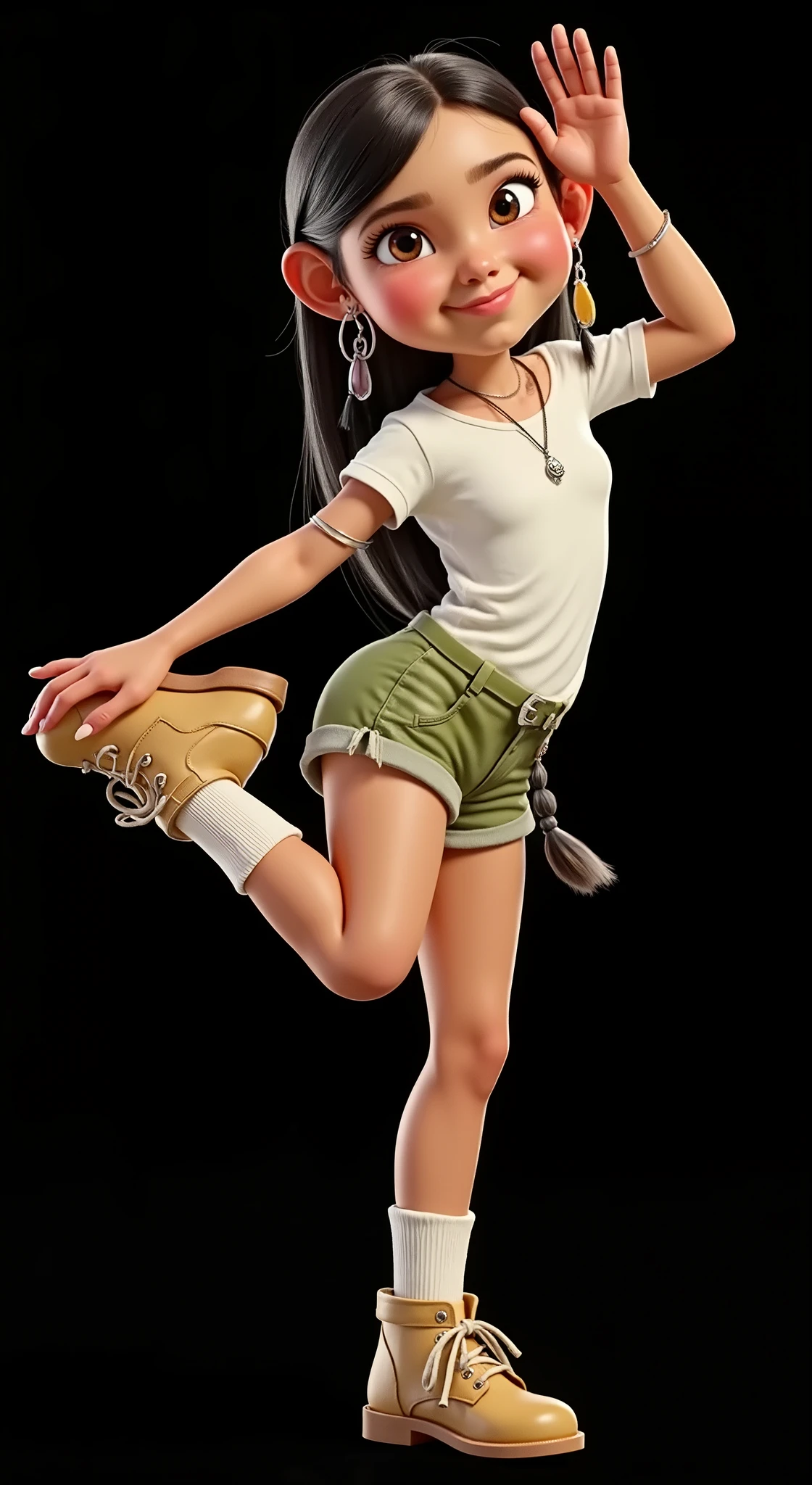 Inspired by the posters in the movies, the 3D characters from Disney Pixar create the image of a ***, age: 6, 6 anos de idade, 6-years-old, girl with straight black hair down to her waist wearing a white t-shirt and very short green safari-style shorts with white socks and a safari boot. She is beautiful, sensual, attractive, Brazilian, she does a dance step where she puts her hand on her foot, the background is all black for cutting in png.