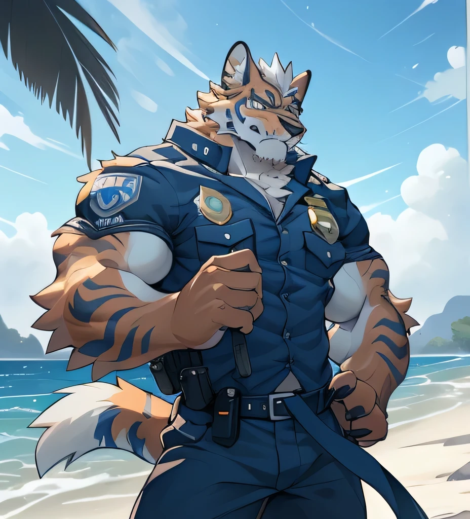 anthro, balls, body fluids, fur, Viewer, male, Colorful Body , Multicolored fur, Muscular, Musk clouds,pectoral muscles, I know , Alone, Two-tone body, two tone fur, at, by Bayard Wu, Thomas Benjamin Kennington , author: Einselm , , (Linhu), ( police officer costume ), angry face