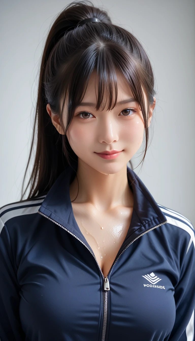  score_9, score_8_up, score_7_up, super detailed, high definition , 32K,  Masterpiece , best quality, super high definition , detailed beautiful face and eyes , beautiful Japanese woman , black hair, ponytail,Impending Kiss,smile, wet hair , wet body, tracksuit , clevis, spread your arms, Big Breasts ,  focus on the face,From a viewpoint, watch viewers,ground, cowboy shots