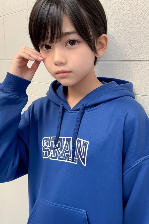 A boy with brown hair and brown eyes with white skin color wearing a blue sweatshirt with a white background on the front