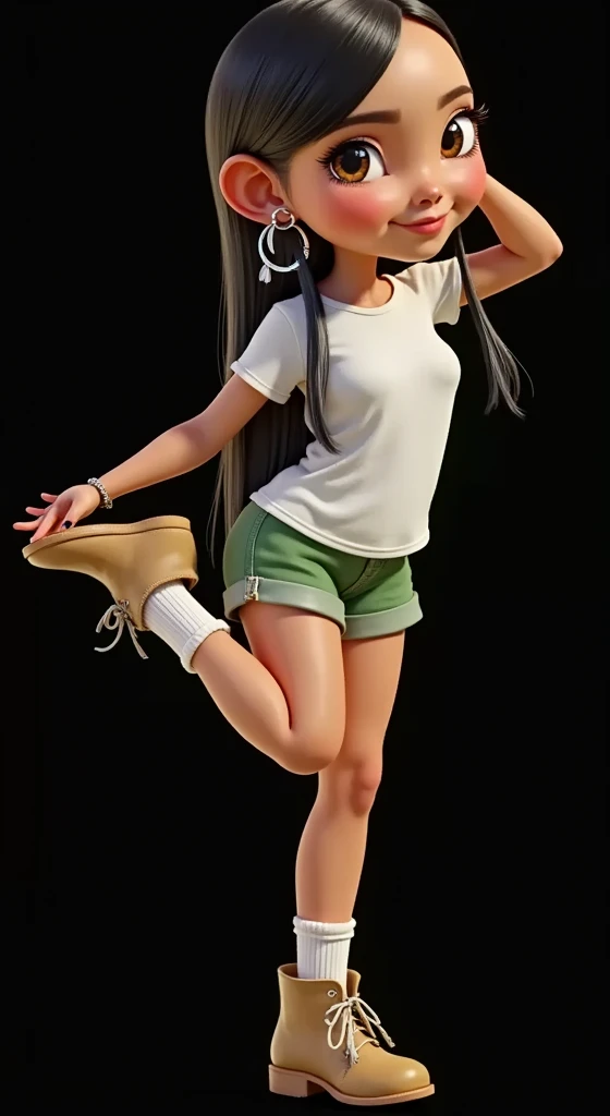 Inspired by the posters in the movies, the 3D characters from Disney Pixar create the image of a ***, age: 6, 6 anos de idade, 6-years-old, girl with straight black hair down to her waist wearing a white t-shirt and very short green safari-style shorts with white socks and a safari boot. She is beautiful, sensual, attractive, Brazilian, she does a dance step where she puts her hand on her foot, the background is all black for cutting in png.