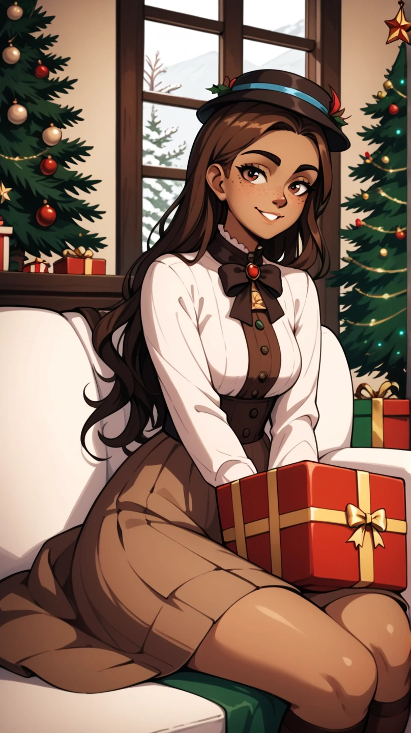 masterpiece, 1girl, solo, franimel, dress, long hair untill hips, brown skin, brown eyes, freckles, hat, brown skirt, xmas, victorian indoors, xmas tree, pile of xmas gifts, snow in window, sitting in a red couch, light smile, showing legs, brown stockings