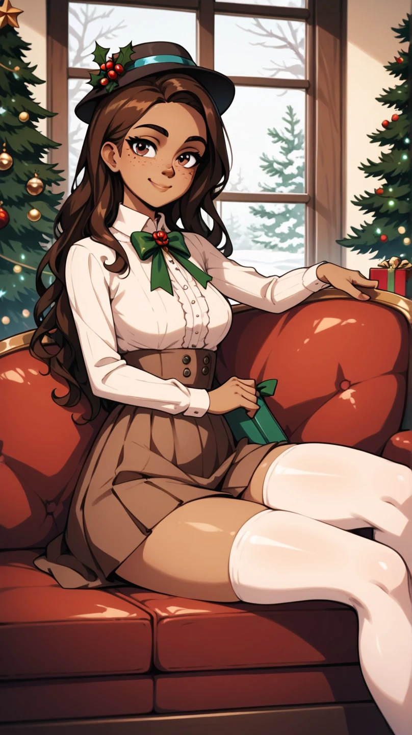 masterpiece, 1girl, solo, franimel, dress, long hair untill hips, brown skin, brown eyes, freckles, hat, brown skirt, xmas, victorian indoors, xmas tree, pile of xmas gifts, snow in window, sitting in a red couch, light smile, showing legs, brown stockings