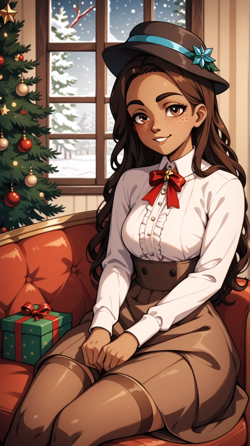 masterpiece, 1girl, solo, franimel, dress, long hair untill hips, brown skin, brown eyes, freckles, hat, brown skirt, xmas, victorian indoors, xmas tree, pile of xmas gifts, snow in window, sitting in a red couch, light smile, showing legs, brown stockings