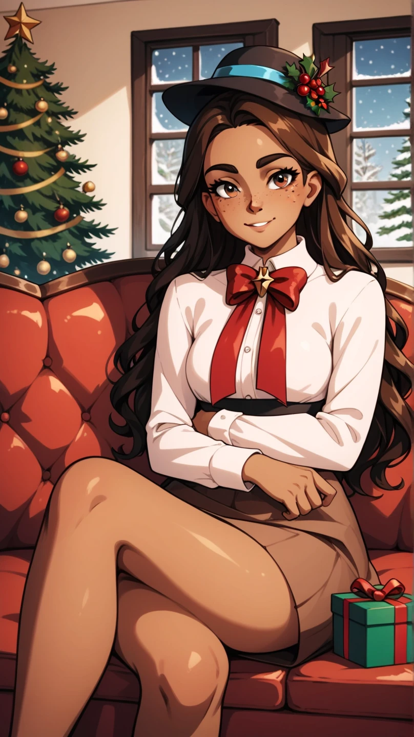 masterpiece, 1girl, solo, franimel, dress, long hair untill hips, brown skin, brown eyes, freckles, hat, brown skirt, xmas, victorian indoors, xmas tree, pile of xmas gifts, snow in window, sitting in a red couch, light smile, showing legs, brown stockings