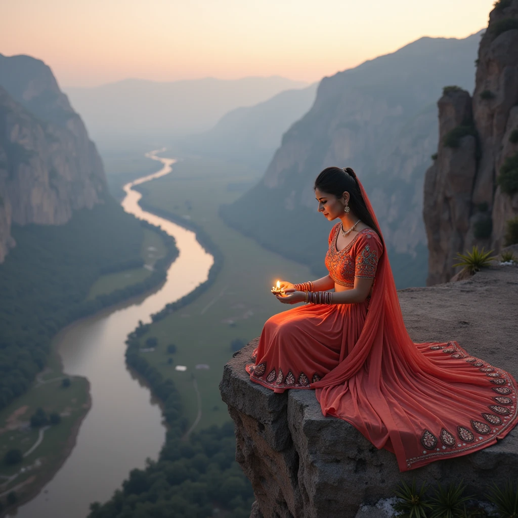 A woman in lehenga lighting a diya sitting ad edge of cliff 