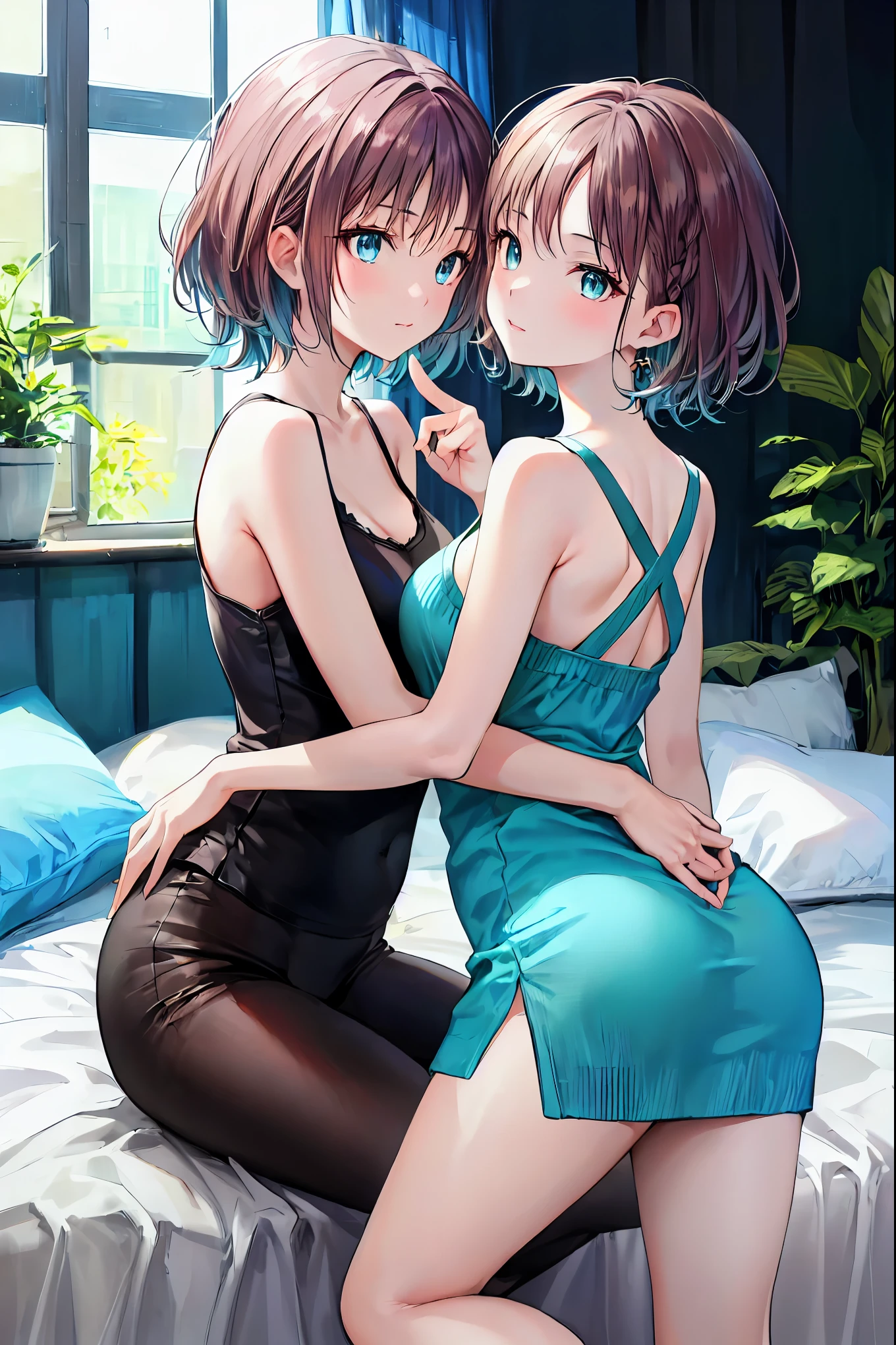 (8k、 RAW photo、 best quality、 Masterpiece :1.2)、 anime style、 very detailed、 super high resolution、 2 girls、side, Written Boundary Depth, delicate eyes , Sharp nose line, fine skin、smooth、 perfect beauty、 small ass ,(( small breasts))、thin, French Kisses,((Natural Style)), brown hair, Shortcut, messy hair , Short Braided Hair ,Neat, slender beauty,Dignified posture, small breasts, beautiful legs with tails, Her Seductive Gray-Blue Eyes Shine Like Stars , vibrant colors, beautiful eyes ,A delicate smile,textured skin, best qualityを誇る, gentle and beautiful woman , brown hair、Truly beautiful、Beautiful profile, Perfect Style, black camisole,Western-style room, on the bed,Dim lighting, French Kisses,((Girls kissing)),((something similar to rape)) , my face turned red ,Girl surprised by sudden kiss,(( put your finger in your crotch)) ,Houseplants, big window,Sheets at your feet,lie down on the bed、anime scenery, make: anime artist studio , Background art beautiful anime, Stylish Room ,
