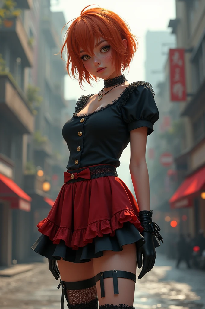 A realistic full-body image of a 2 art student with a youthful, innocent face that gives her a more childlike appearance. She stands 160 cm tall, with short, coppery red hair styled in soft waves, featuring dark purple streaks for an edgy touch. Her large, sparkling green eyes convey curiosity and playfulness, framed by bold eyeliner and pastel eyeshadow. She has full red lips reminiscent of a youthful Scarlett Johansson, Emma Watson, Keira Knightley, Emilia Clarke and Natalie Portman but softer, with a hint of gloss.
She wears a cherry red polka dot dress paired with black fishnet tights and chunky low-cut sneakers, showcasing her e-girl style. Wearing bondage accessories like a gag, handcuffs or a collar. As she walks through a small town during sunset with a submissive posse like in bondage, the warm light enhances her fresh and radiant look, highlighting her unique artistic expression