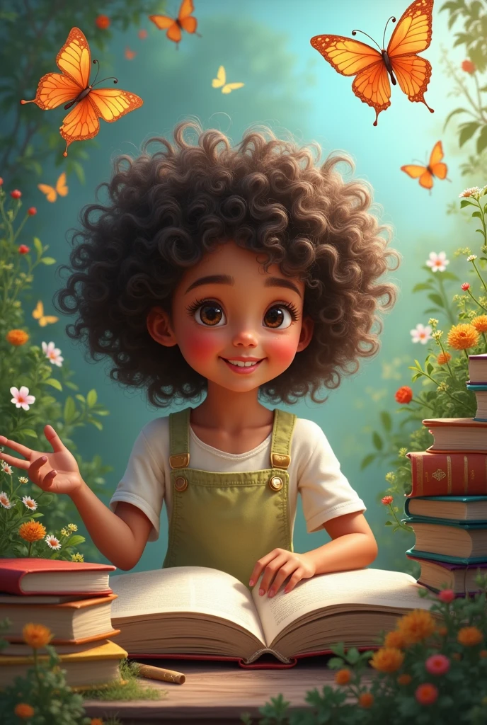 (Ultra real), (illustration), (alta resolução), (8K), (Muito detalhado), (best illustration), (Belos olhos detalhados), (Melhor qualidade), (Ultra detalhado), (Obra-prima), (Papel de parede ), (Rosto Detalhado), an adventurous black child, curiosa e alegre, cabelos de cor castanho, tipo ondulado, children’s book illustration style, simples, fofa, lilac dress, --auto --s2
