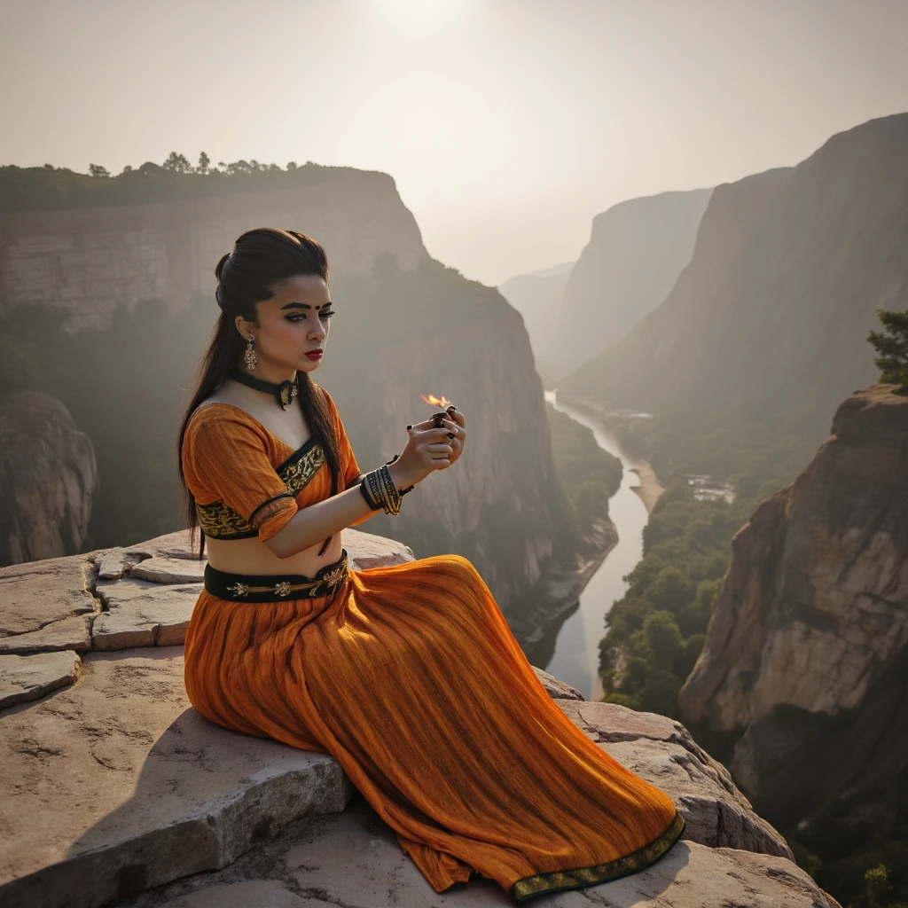 A woman in lehenga lighting a diya sitting ad edge of cliff 