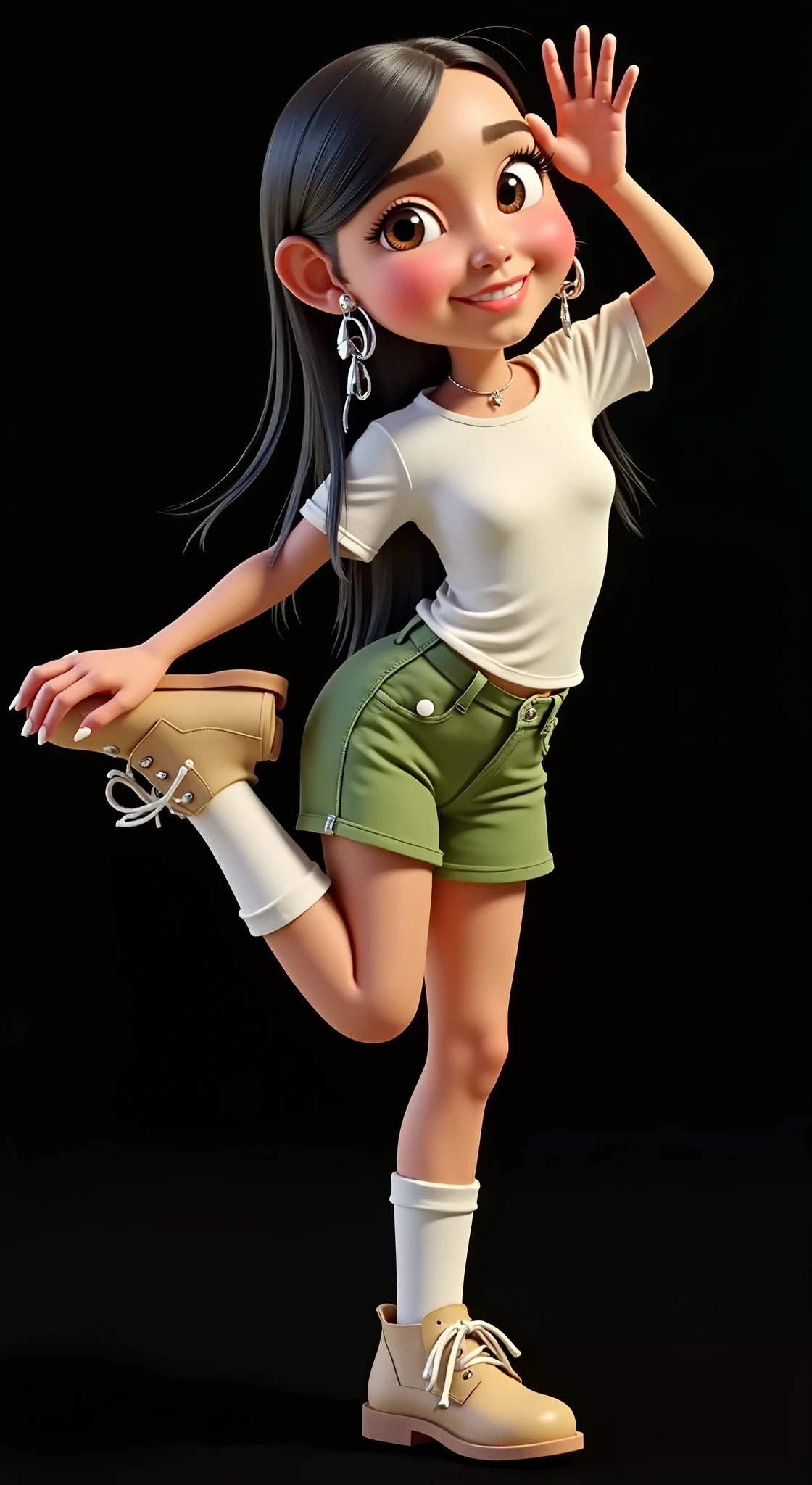 Inspired by the posters in the movies, the 3D characters from Disney Pixar create the image of a ***, age: 6, 6 anos de idade, 6-years-old, girl with straight black hair down to her waist wearing a white t-shirt and very short green safari-style shorts with white socks and a safari boot. She is beautiful, sensual, attractive, Brazilian, she does a dance step where she puts her hand on her foot, the background is all black for cutting in png.