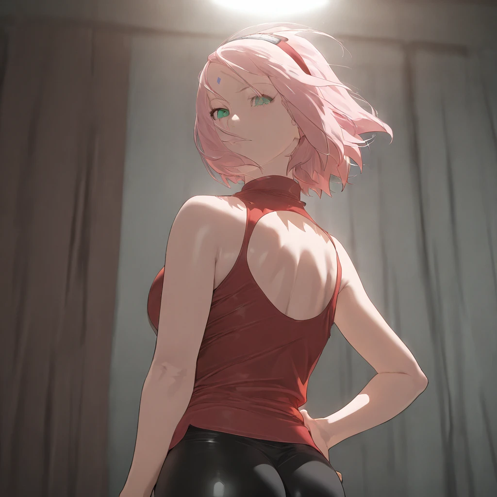 masterpiece, best quality, amazing quality, very aesthetic, absurdres, newest,scenery, anime screencap, anime coloring,,Expressiveh,
break

naruto,series,haruno sakura,pink hair,short hair,green eyes,small breasts,red shirt,sleeveless,bike_shorts,game cg, close-up, looking at viewers, hand on hip, a cute and anime face, gloom expression, huge breasts, beautiful bare back, studio lighting,


 break

 masterpiece , best quality, amazing quality, very aesthetic, absurdres, newest,scenery,