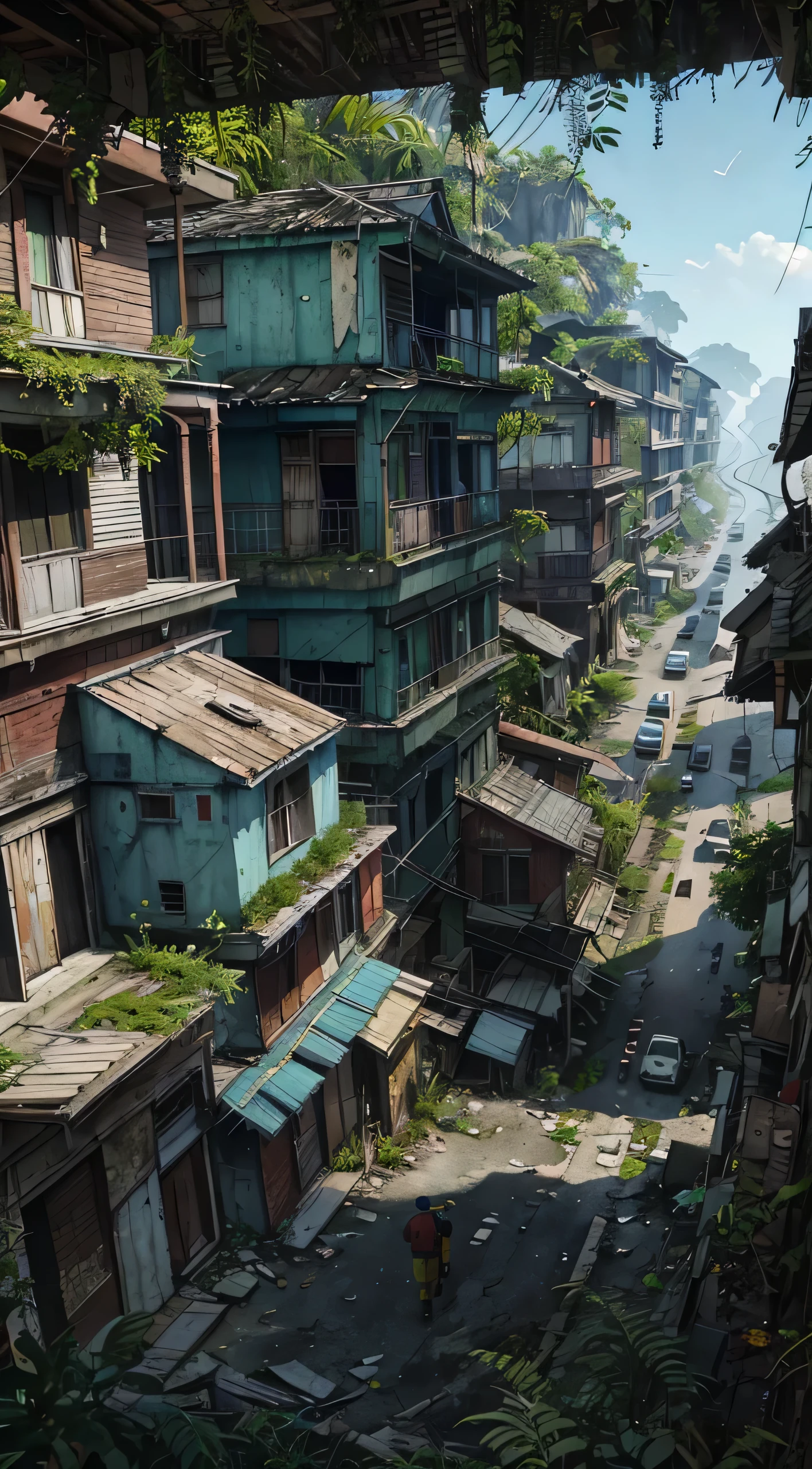 there is a balcony with a view of a building and a street, leaked image, colonial house in background, photo of poor condition, old house, dilapidated houses, old building, photo taken in 2 0 2 0, discovered photo, outside view, very coherent image, taken in 2022, historical image, seen from outside, grin face, young, (Masterpiece), ((Blue skin)), (best detail), digital art, (best qualtiy), Cinematic texture, ((Avatar style)), beautiful pupil, The background is jungle, the rainforest, big leafs