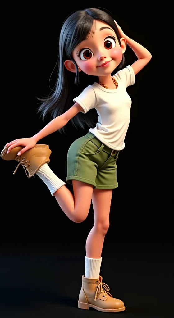 Inspired by the posters in the movies, the 3D characters from Disney Pixar create the image of a ***, age: 6, 6 anos de idade, 6-years-old, girl with straight black hair down to her waist wearing a white t-shirt and very short green safari-style shorts with white socks and a safari boot. She is beautiful, sensual, attractive, Brazilian, she does a dance step where she puts her hand on her foot, the background is all black for cutting in png.