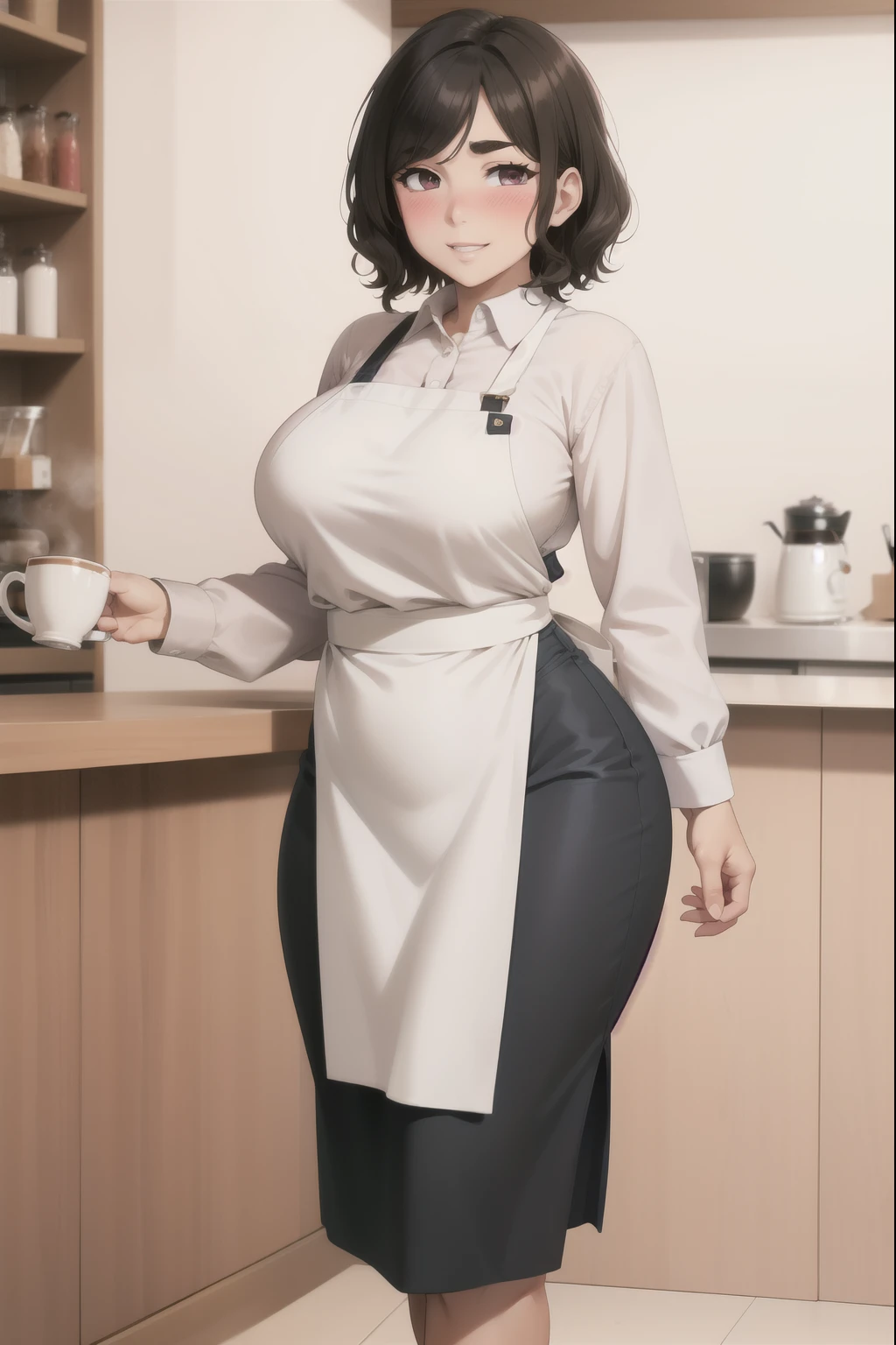 anime character of a waitress with a black apron and bow tie, ( waitress ) girl, (sfw) safe for work, fully - clothed!!!, oppai, fubuki, makoto, oppai proportions, restaurant!, maid outfit, with a large breasts, konachan, jk uniform, makoto shinka, full body!,(8k, RAW.photo, best quality, tmasterpiece:1.2), (realisticlying, photograph realistic: 1.4), ultra high res.photorealistic:.1.4,UHD
