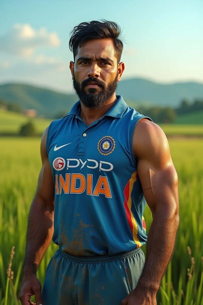 30 years old handsome dashing hot Muscular indian cricket player with sharp chin dimples beautiful eyes spiky black hairs fall on his face, in cricket stadium with tight blue jersey with huge bulge, standing in style, trending on artstation, sharp focus, studio photo, intricate details, highly detailed, head to thighs fit in photo, His perfect( big huge penis) is (coming out) of his pant,masterpieces