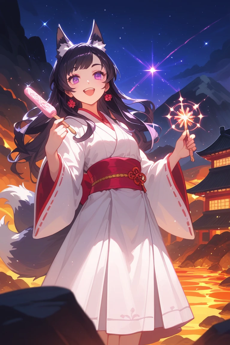  A female kitsune, wearing a classic Japanese student uniform, with a white Kimono and a long light pink elegant jacket with red and gold details, a kind smile, with black hair and dull purple eyes. Holding a rustic, dark wooden magic wand. Standing in front of an old Japanese castle with a school aesthetic. With a volcano in the background which has a small, calm lava flow. Soft anime style. Sparkle