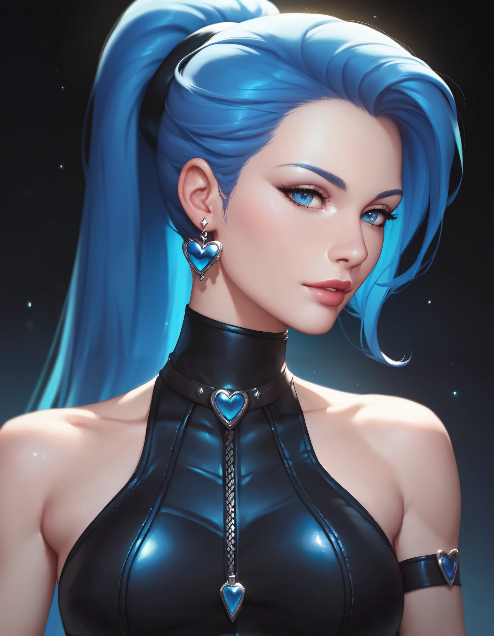 female black leather top, sweetheart neckline, bare shoulders, racerback, bare toned arms, beautiful faces, blue ponytail with showing forehead, long ponytail, black earrings, soft smooth skin, pale skin, black background, blue eyes, sci-fi, high contrast, assassin