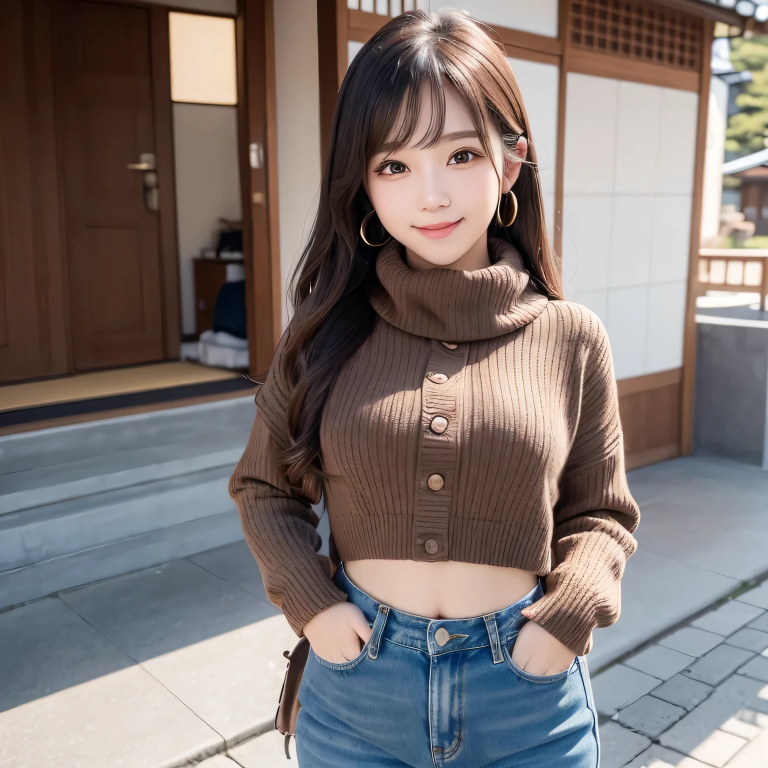 one very cute face like an idol,,Looks like a young face、20-year-old female、Gentle and cute、、whole body、RAW Photos、Genuine、Artistic、(High level of artistry)、High quality that is indistinguishable from real life、realism、Real Stick、High resolution、masterpiece,,, , (highlighting cheerful expression), belly slightly exposed,, medium breast, (hakkoda mountain), (wearing brown knitted outtfit), ,black scarf on neck , earring, japanese hair, denim pants, winter, smiling,