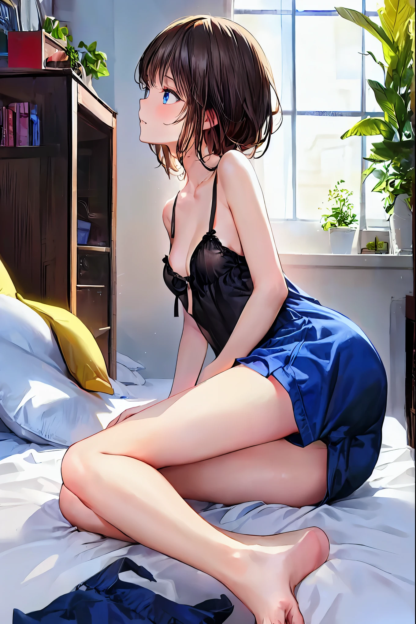 (8k、 RAW photo、 best quality、  Masterpiece :1.2)、 anime style、 very detailed、 super high resolution、 2 girls、side, Written Boundary Depth,  delicate eyes , Sharp nose line， fine skin、smooth、 perfect beauty、 small ass ，(( small breasts))、thin， French Kisses，((Natural Style))， brown hair， Shortcut， messy hair ，  Short Braided Hair  ，Neat， slender beauty，Dignified posture， small breasts， beautiful legs with tails， Her Seductive Gray-Blue Eyes Shine Like Stars ， vibrant colors,  beautiful eyes ,A delicate smile,textured skin, best qualityを誇る,  gentle and beautiful woman  , brown hair、Truly beautiful、Beautiful profile， Perfect Style， black camisole，Western-style room， on the bed，Dim lighting， French Kisses，((Girls kissing))，((something similar to rape)) ， my face turned red ，Girl surprised by sudden kiss，(( put your finger in your crotch)) ，Houseplants， big window，Sheets at your feet，lie down  on the bed、anime scenery, make: anime artist studio , Background art beautiful anime， Stylish Room ，