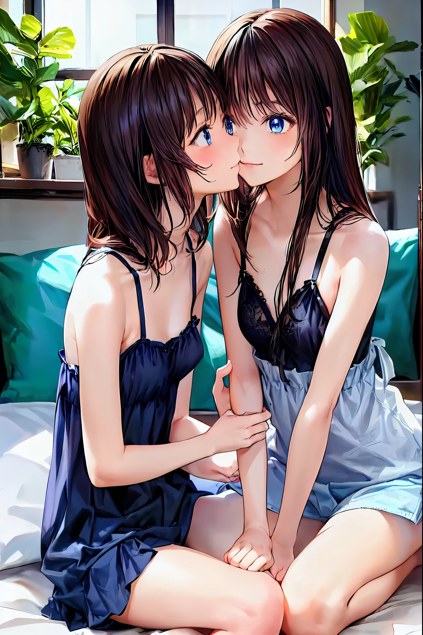 (8k、 RAW photo、 best quality、  Masterpiece :1.2)、 anime style、 very detailed、 super high resolution、 2 girls、side, Written Boundary Depth,  delicate eyes , Sharp nose line， fine skin、smooth、 perfect beauty、 small ass ，(( small breasts))、thin， French Kisses，((Natural Style))， brown hair， Shortcut， messy hair ，  Short Braided Hair  ，Neat， slender beauty，Dignified posture， small breasts， beautiful legs with tails， Her Seductive Gray-Blue Eyes Shine Like Stars ， vibrant colors,  beautiful eyes ,A delicate smile,textured skin, best qualityを誇る,  gentle and beautiful woman  , brown hair、Truly beautiful、Beautiful profile， Perfect Style， black camisole，Western-style room， on the bed，Dim lighting， French Kisses，((Girls kissing))，((something similar to rape)) ， my face turned red ，Girl surprised by sudden kiss，(( put your finger in your crotch)) ，Houseplants， big window，Sheets at your feet，lie down  on the bed、anime scenery, make: anime artist studio , Background art beautiful anime， Stylish Room ，