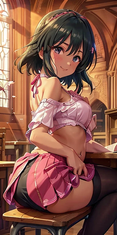 (masterpiece, best quality),best quality, (ultra-detailed), (3heads:1.5), 1girl, (shameimaru aya:1.3), masterpiece, best quality, ultra quality, ultra resolution, ultra detail, white top, crop top, ((stomach)), midriff, ((groin)), naval, black skirt, normal ears, shackles, brown hair, very long hair, wavy hair, sidelocks, red eyes, parted lips, sweat, cute, toned belly, hand on own chest, eyelashes, (24 year old woman:1.3), (masterpiece:1.5), (best quality:1.5), (beautiful detailed), extremely detailed CG, extremely delicate and beautiful, depth of field, (finely detailed face), (perfect details:1.2), (mature female:1.3), wide pelvis, slender, large veiny breast, 16k resolution, highres,high quality, high definition, extremely detailed, masterpiece, black hair, long hair, alluring presence, braid, short skirt, close up, big tits, young, bird wings, black ribbon,