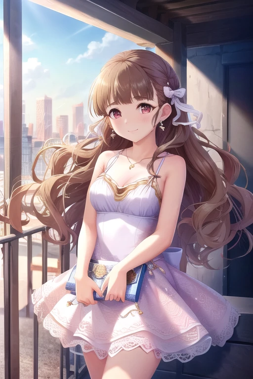 4K, ultra detail eyes,  ultra detail,  Highly Detailed CG,   Masterpiece ,  best quality,  Highly Detailed CG, (Soft Shadows), (Post-processing:1.4), ( Very high quality and beautiful:1.4) ,Nao Kamiya, Shy expression,  medium chest ,  1 girl , Alone,  long hair,  watch viewers, , smile,  brown hair,  sleeveless,  dress,  sleeveless  dress, ribbon, red eyes, gem, hair ribbon,  earrings for a woman alone,  puffy , white  dress,  bracelet on nipple, City Background, Outdoor, summer, nsfw, clavicle, Bare Arms,  standing, 