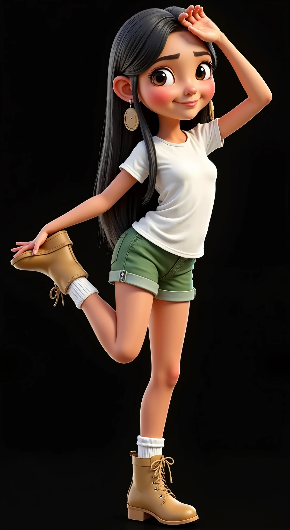 Inspired by the posters in the movies, the 3D characters from Disney Pixar create the image of a ***, age: 6, 6 anos de idade, 6-years-old, girl with straight black hair down to her waist wearing a white t-shirt and very short green safari-style shorts with white socks and a safari boot. She is beautiful, sensual, attractive, Brazilian, she does a dance step where she puts her hand on her foot, the background is all black for cutting in png.