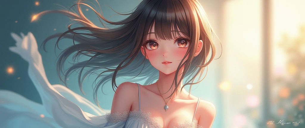 (RAW Photos: 1.2)、((masterpiece))、((Highest quality)、16K、Textured skin、Cinematic lighting、White camisole、(Skimpy small breasts)、(Slender, small chest)、1 person、Beautiful small breasts、Light brown hair、Cute teenage girl,White panties