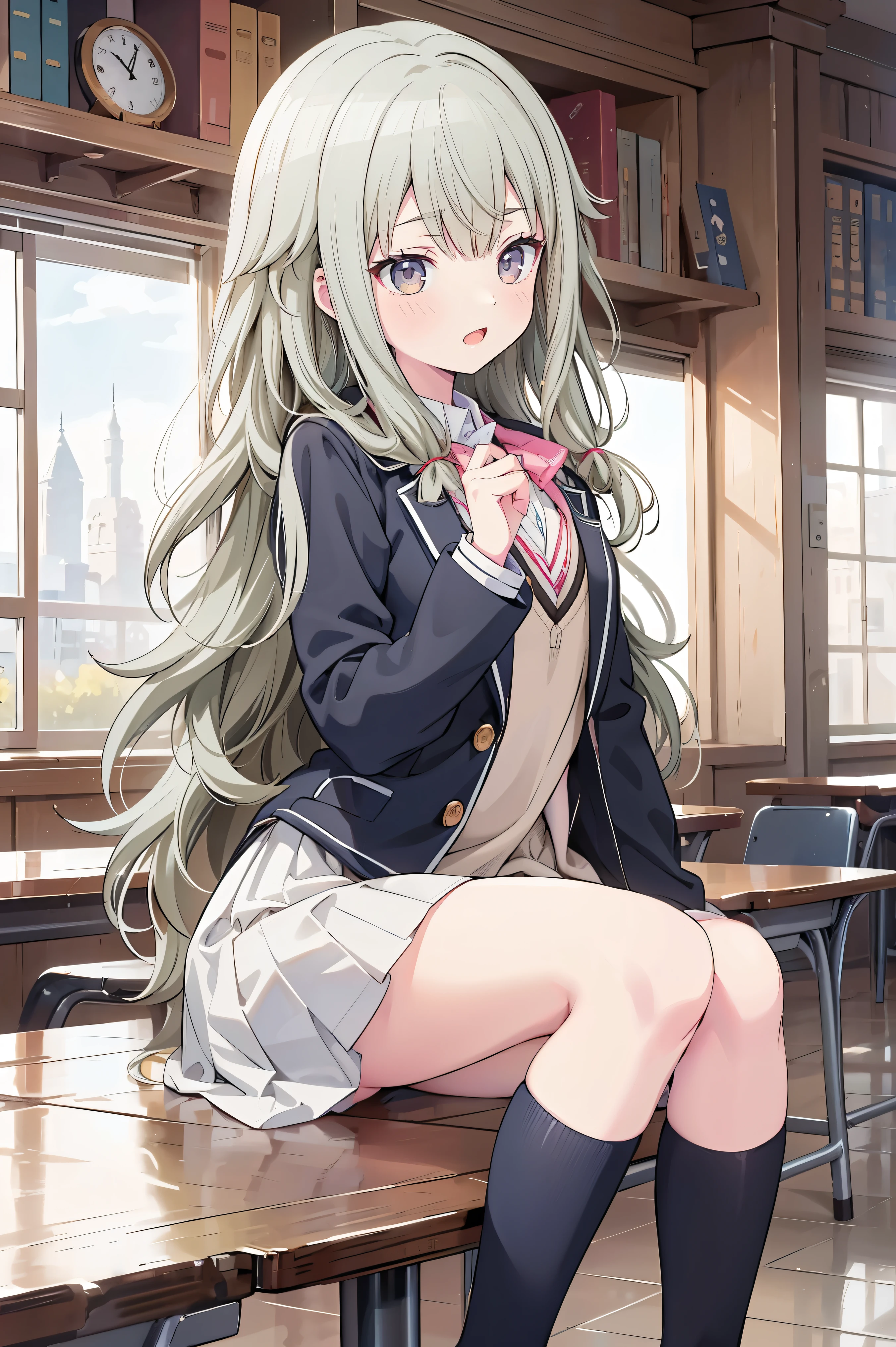 (8k, 最high quality)、Ultra-high resolution、Adorable、最high quality, beautiful,、school uniform、blazer、high quality、Shiny Hair、very fine and beautiful,Bright Eyes、Medium chest、nose blush、(Anatomically correct),   medium chest, whole body, 