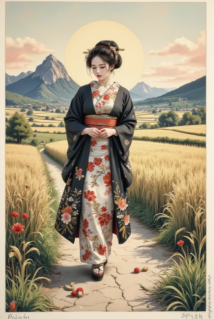 Wonderful Ukiyoe by Katsushika Hokusai. Very delicate and beautiful Pastoral Idyll painting.beautiful Rural landscape.A very beautiful and sexy Geisha lady walking along a rural lane. so many flowers.paddy field.Ink paint