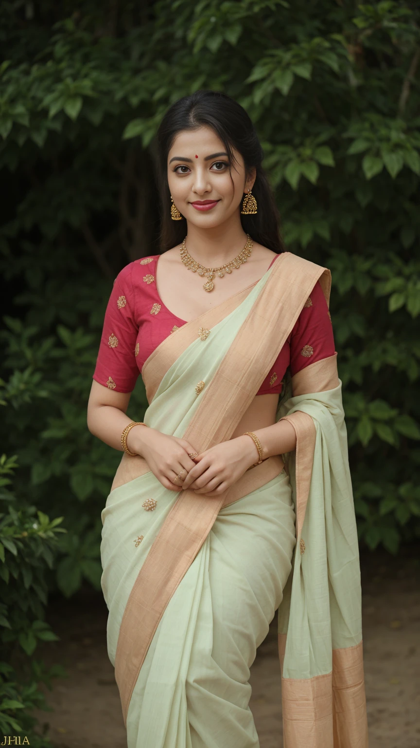  photo of sexy vedhika , front view, curvy, green blouse, saree,big , in rose garden, French braid hair, necklace,  ear rings,  nose ring,  jhumka,