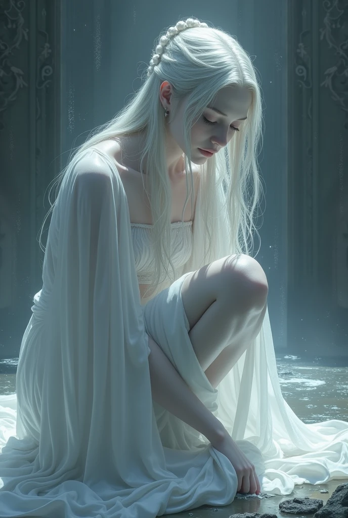 In this mesmerizingly detailed and hauntingly realistic portrait, a young woman is captured in a moment of desperate terror. Her flawless porcelain skin is marred by the encroaching mud, which stains her once-pristine white dress, highlighting her delicate features in stark contrast. The artist masterfully portrays her anguish as she kneels in a muddy puddle, her eyes wide with panic and her mouth frozen in a silent scream. The surrounding reeds sway ominously in the wind, casting eerie shadows that dance like ghostly antennae on the murky water. Towering trees loom in the distance, their silent presence adding an air of foreboding to the scene. This high-quality artwork, crafted with meticulous attention to detail, immerses