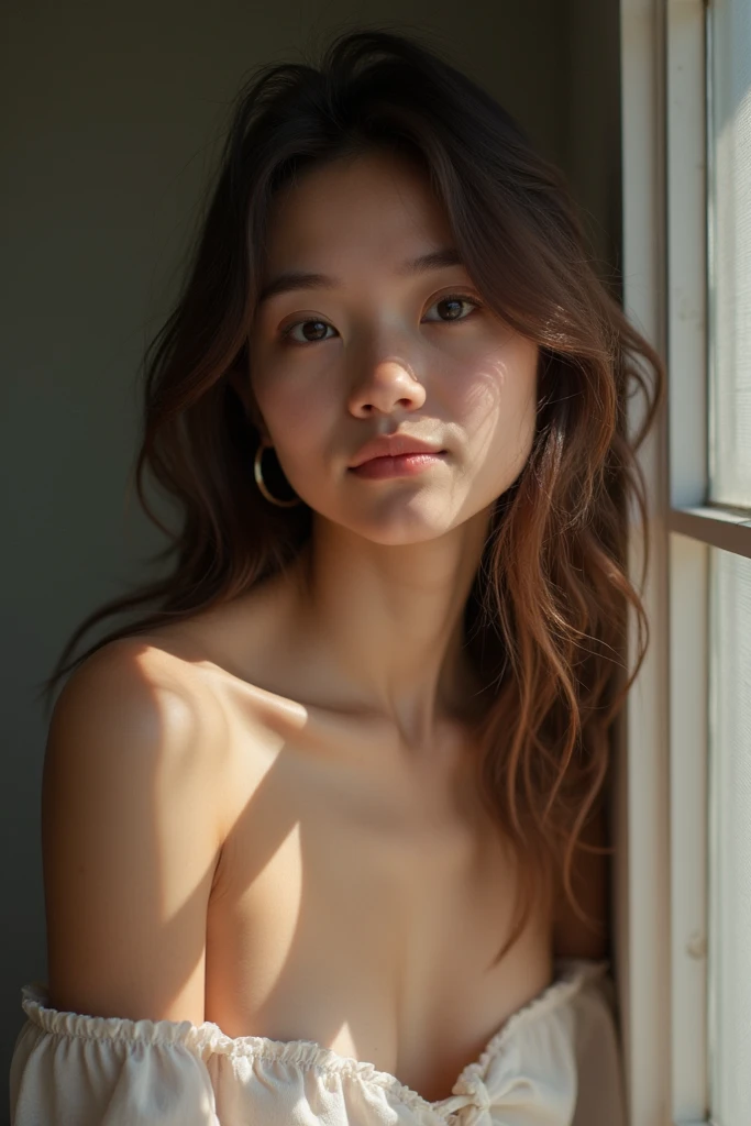 Portrait MagMix Girl look at camera, long hair, naked, big breast, a black wall, natural light, sunlight casting soft shadows, analog film photo, Kodachrome, (nsfw:1.4)