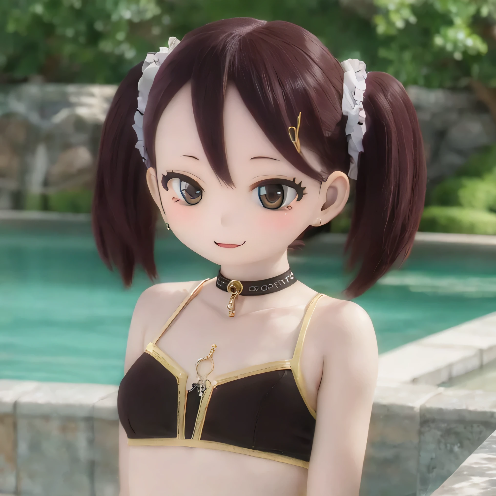 (    best quality ,4K,    kampala ,  Masterpiece :1.2),    very detailed , realistic ,photo realistic ,    blonde twin tails  ,   Beautiful Lip Details ,   has long eyelashes,    black hair  ,   short hair  ,smile,  cute expression  ,  playful  ,Standing in the pool,    flat chested,    with medium hair,Chibi Bikini Chibi、 short twin tails