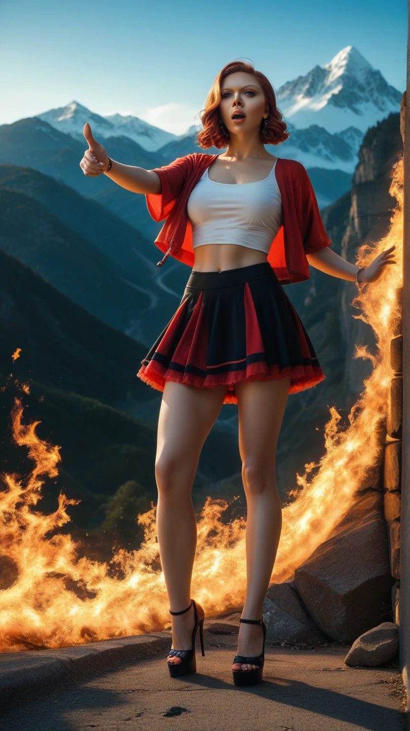 (tmasterpiece,  high quality ,  best quality at best, official art, beauty and aesthetics:1.2),(the offire element:1.4),（1 young woman：1.6，，(Scarlett Johansson （Scarlett Johansson）Play with the））,Composed of fire elements，Altamente realistic, transparency , Sci-Fi lighting effects,a skirt,Flame， reaching its climax ，（realistic：1.4），RAW photography，vibrant colors，Flow and movement。 standing on top of a mountain ，the Giant，sexy gesture，The barefoot，without wearing shoes，Deep background，wonderful and unbelievable，epic work ，(Complicated details，hyper-detail:1.2)，art stations，（tmasterpiece， best quality）realismo ultra-realistic, shadow cell, Anáglifo, stereograms, Viewing angle,  film lighting , 8k,  super detailed , Acura,  best quality at best,  high resolution , Prize-Winning ,  Correct anatomy ，delicate face，