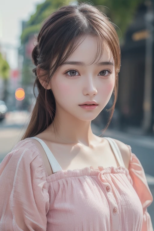 (HighestQuality, 8K,32k,masterpiece, UHD:1.2),Highly detailed CG Unity 8K wallpaper,intricate details,Raw photo,(realistic:1.4),atmosphere,ultra high resolution,genuineistic,genuine,Huge_file size,incredibly absurd,(in the center:1.3),ultra illustration,(Super detailed),dramatic lighting,different colors,written boundary depth,art:Krenz Kushart,golden hour lighting,Photographed with Canon EOS,SIGMA art lens 35mm F1.4,ISO200 Shutter speed 2000,blurred background,
break,
1 girl,(smile:1.4),because I'thin,(ponytail with see-through bangs,:1.4),alone,16years old Japanese beauty, (Tokyo,pink tee shirt:1.5),(light brown hair:1.5),((brown eyes)),largechest,chest, Soft white skin that shines in every detail,pale skin,very beautiful face,very well-shaped face,natural and realistic face,Highest,fine and beautiful eyes,impressive, Big eyes,fine eyes, smile, smile with your mouth closed, detailed mouth,lip details,glossy beautiful lips,glossy lips,simple earrings,necklace,jewelry, alone focus,low neckline,
break,
light from the front,nice,Are standing,sensual expression,sunshine, break,
(Dutchangle:1.4),looking at the viewer,
break,Tzuyu,Yui Aragaki,