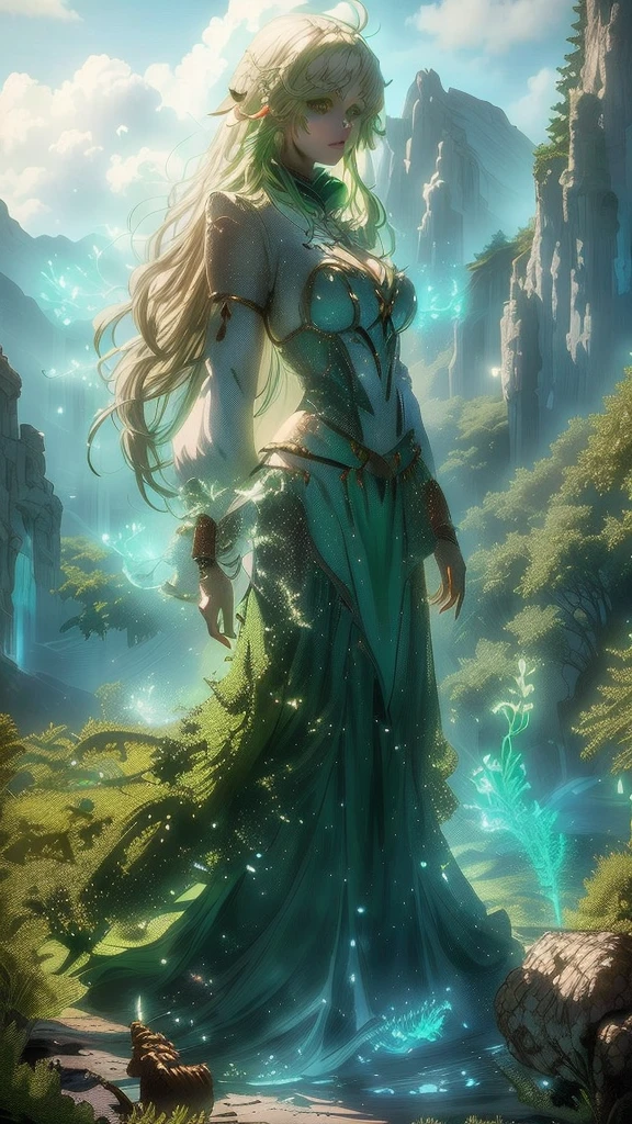 川を見下ろす崖の上に立っている緑のドレスを着たwoman, Goddess of Nature, Queen of Nature ,  beautifulファンタジーアート , very  beautifulファンタジーアート , 4k fantasy art,  Detailed Fantasy Art , Goddess of Nature,  detailed fantasy digital art , beautifulファンタジーの乙女,   Breathtaking Fantasy Art  ,  Fantasy Style Art , highly  Detailed Fantasy Art ,  beautifulファンタジー絵画 ,  fantasy art style 、Guardian of the Forest 、woman、Big Breasts、beautiful