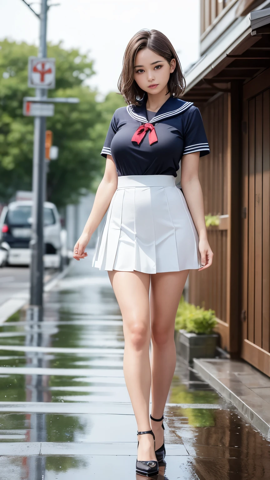 Perfect composition, Proper placement, Golden Ratio, masterpiece,  best quality,  high definition ,  one  Girl,  Beautiful  Woman, full body focus, full body shot, view the viewer, standing,  Wearing a Japanese High School Sailor Suit:1.331, Summer short sleeve uniform ,  red ribbon,  Anatomically Correct Ratio :1.331,  has a small head :1.331, Curvy body:0.3,  thin waist:1.331, Thin limbs:1.331,  medium breasts, Brown Hair,  short cut hair,  bare legs, white pin heels, wet hair ,  wet skin , Wet clothes, rain, Summer evening, rain:1.21, In a residential area:1.21,  old blurry photos, Faded photos , Light and Shadow, Movie Lighting, 