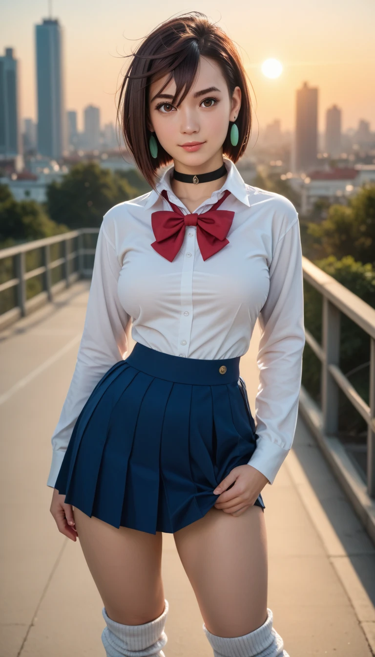 (Highest quality、Tabletop、、Best image quality、Award-winning works)、Very cute school girl、けたWhite polyester collared shirt、Short sleeve:1.4)、(Navy Pleated Skirt:1.1)、Girl portrait photography、Glowing Skin、Brown Hair、Are standing、View your audience、Sculpture Pose、(Deep quagmire background:1.45)、(Large Breasts:1.8)、Accentuate your body lines:1.1)、Very large red ribbon tie、Very long hair:1.75、((The expression on a man's face after he was raped by a group of women:1.95))