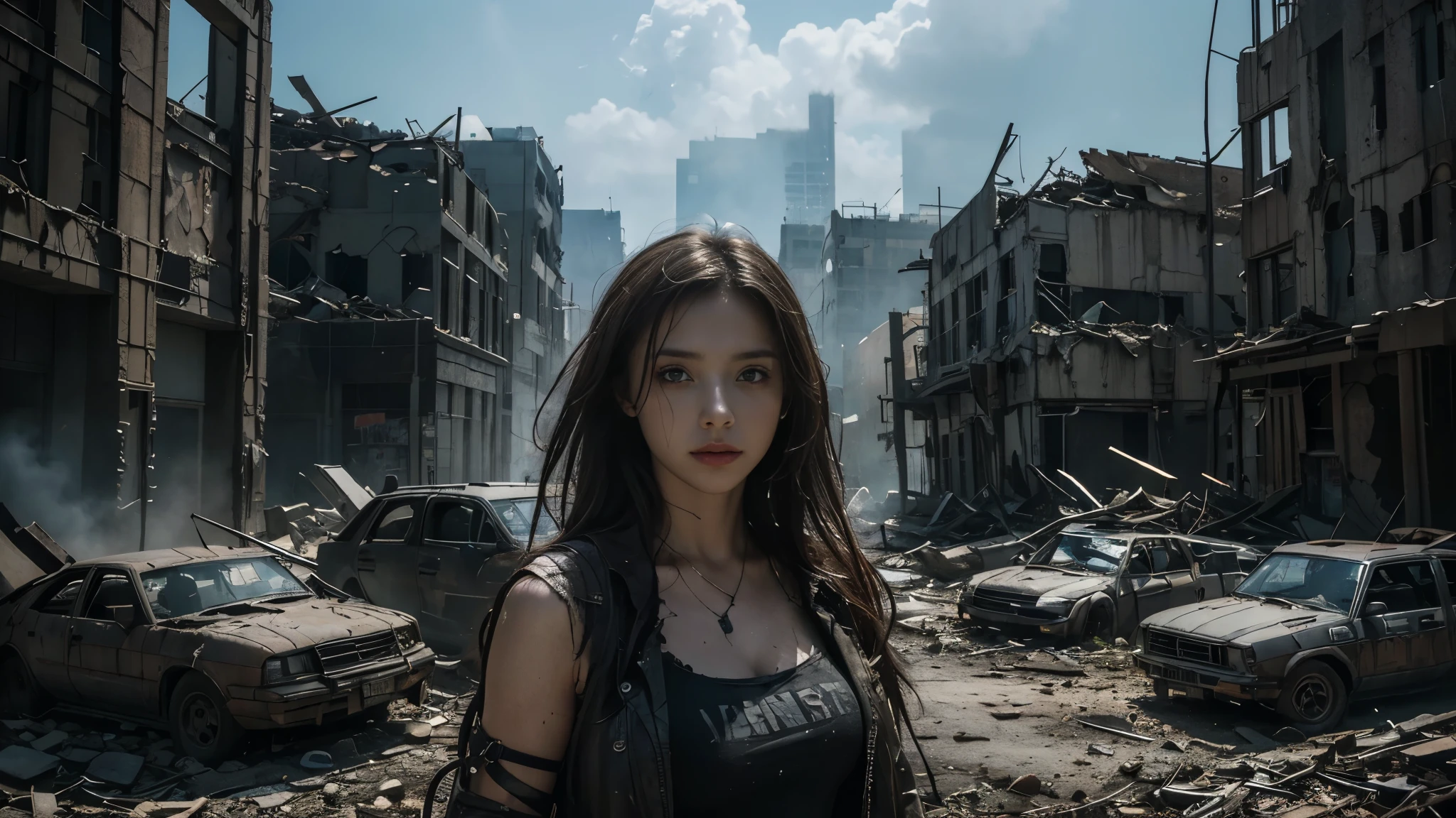 masterpiece, high resolution ,8K,(Portrait Photos:1.5),(R Original Photo),Reality,Digital Photography,(Apocalyptic ruins ),City ruins，beautiful 20 year old woman，sentry， post-apocalyptic scene，Close-range photography， broken clothes